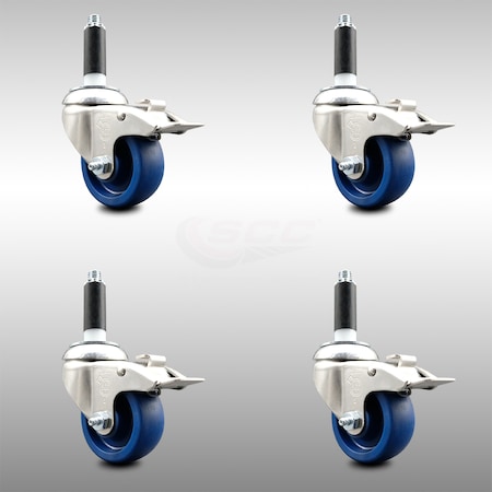 Service Caster 3 Inch 316SS Solid Poly Swivel 3/4 Inch Expanding Stem Caster Set Lock Brake SCC-SS316TTLEX20S314-SPUS-34-4